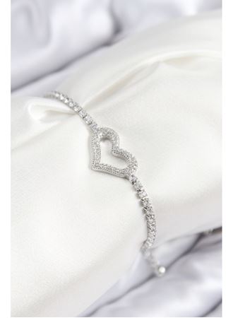 Pirinç Zirkon Taşlı Kalp Model Gümüş Renk Asansörlü Kadın Bileklik