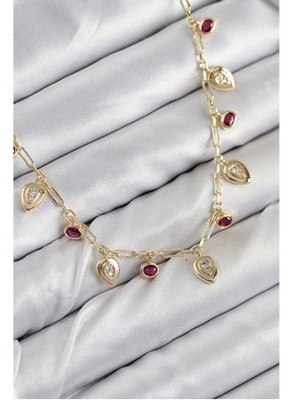 Pirinç Zirkon Taşlı Sallantılı Damla Model Gold Renk Kadın Kolye