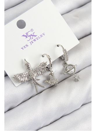 Pirinç Zirkon Taşlı 3'lü Kuş Model Gümüş Renk Kadın Küpe