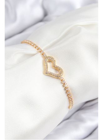 Pirinç Zirkon Taşlı Kalp Model Gold Renk Asansörlü Kadın Bileklik