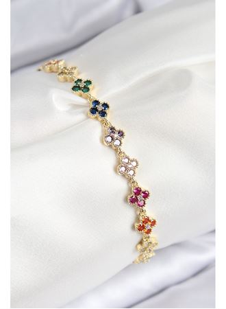 VIP Pirinç Renkli Zirkon Taşlı Yonca Model Gold Renk Kadın Bileklik