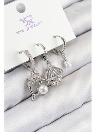 Pirinç Zirkon Taşlı 3'lü Yunus Balığı Ve İstiridye Model Gümüş Renk Kadın Küpe