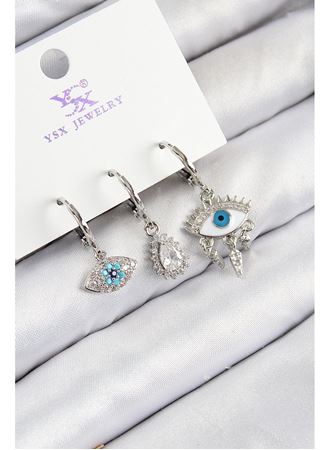 Pirinç Zirkon Taşlı 3'lü Fatma'nın Gözü Model Gümüş Renk Kadın Küpe