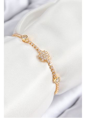 Pirinç Zirkon Taşlı Kar Tanesi Model Gold Renk Asansörlü Kadın Bileklik