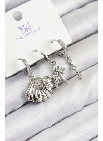 Pirinç Zirkon Taşlı 3'lü Yıldız Ve İstiridye Model Gümüş Renk Kadın Küpe