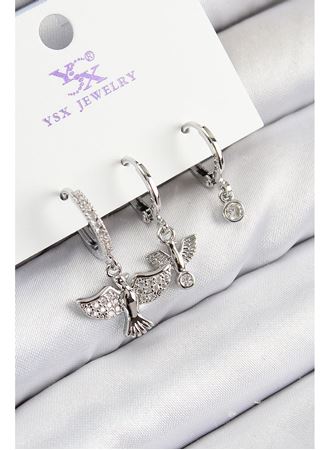 Pirinç Zirkon Taşlı 3'lü Kuş Model Gümüş Renk Kadın Küpe