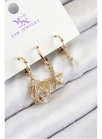Pirinç Zirkon Taşlı 3'lü İstiridye Ve Yıldız Model Gold Renk Kadın Küpe