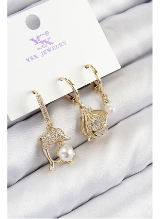 Pirinç Zirkon Taşlı 3'lü Yunus Balığı Ve İstiridye Model Gold Renk Kadın Küpe