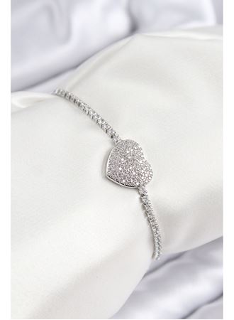 Pirinç Zirkon Taşlı Kalp Model Gümüş Renk Asansörlü Kadın Bileklik