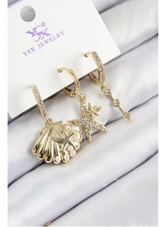 Pirinç Zirkon Taşlı 3'lü İstiridye Ve Yıldız Model Gold Renk Kadın Küpe