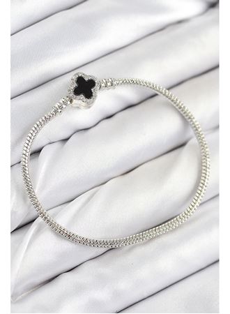 Pirinç Charm Zirkon Taşlı Yonca Model Gümüş Renk Kadın Bileklik