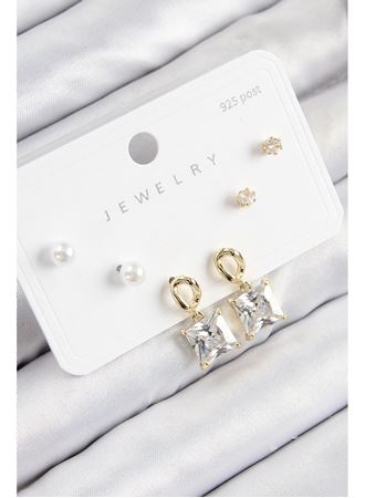 Pirinç Zirkon Taşlı Sallantılı Kare Model Gold Renk 925 Ayar Gümüş Çivi Kadın Küpe Set