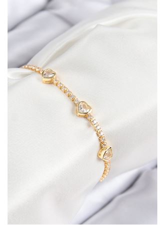 Pirinç Zirkon Taşlı Sıralı Kalp Model Gold Renk Kadın Bileklik