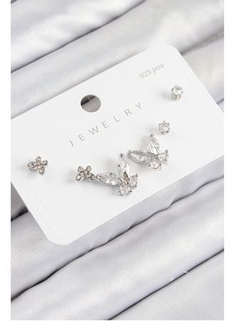 Pirinç Zirkon Taşlı Kelebek Model Gümüş Renk 925 Ayar Gümüş Çivi Kadın Küpe Set