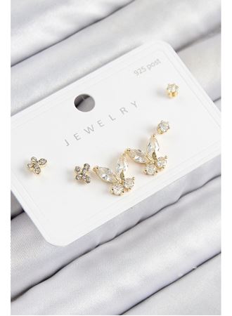 Pirinç Zirkon Taşlı Kelebek Model Gold Renk 925 Ayar Gümüş Çivi Kadın Küpe Set