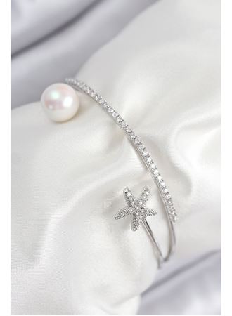 Pirinç Zirkon Taşlı Yıldız Ve İnci Model Gümüş Renk Kadın Bileklik
