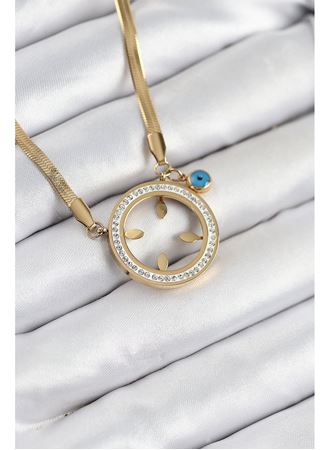 316L Çelik Zirkon Taşlı Çeyrek Takılabilir Gold Renk Kadın Kolye