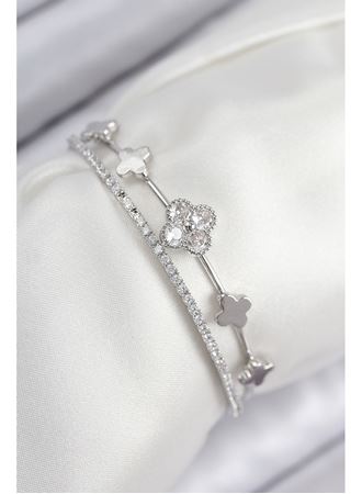 Pirinç Zirkon Taşlı Yonca Model Gümüş Renk Kadın Bileklik