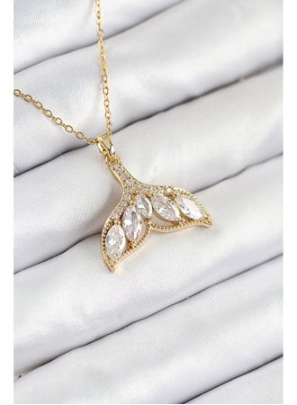 316L Çelik Zirkon Taşlı Balık Kuyruğu Model Gold Renk Kadın Kolye