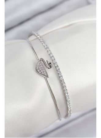 Pirinç Zirkon Taşlı Kuğu Model Gümüş Renk Kadın Bileklik
