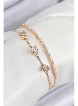 Pirinç Zirkon Taşlı Kalp Model Gold Renk Kadın Bileklik