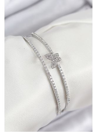 Pirinç Zirkon Taşlı Kelebek Model Gümüş Renk Kadın Bileklik