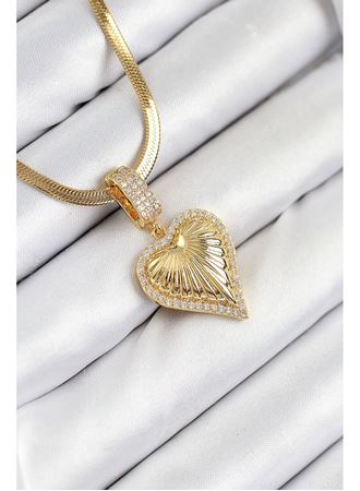 316L Çelik Zirkon Taşlı Kalp Model Gold Renk Kadın Kolye