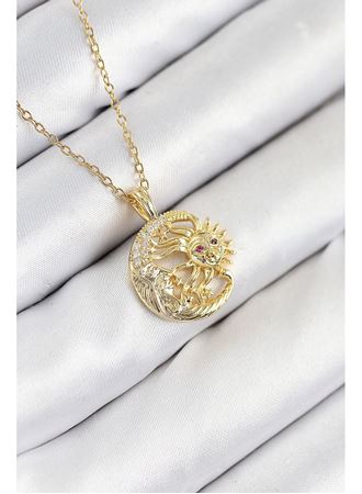316L Çelik Zirkon Taşlı Ay Ve Güneş Model Gold Renk Kadın Kolye