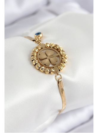 316L Çelik Nazar Boncuk Detaylı Yonca Model İtalyan Zincir Gold Renk Kadın Bileklik