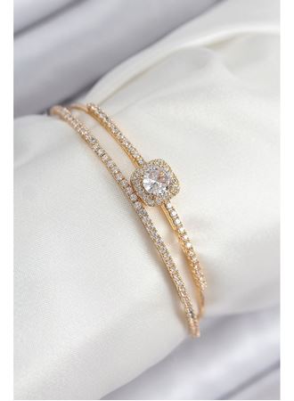 Pirinç Zirkon Taşlı Baget Model Gold Renk Kadın Bileklik