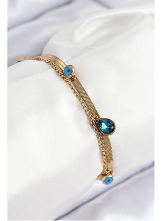 316L Çelik Nazar Boncuk Detaylı Mavi Zirkon Taşlı Model İtalyan Zincir Gold Renk Kadın Bileklik