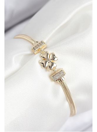 Pirinç Zirkon Taşlı Yonca Model Gold Renk Kadın Bileklik