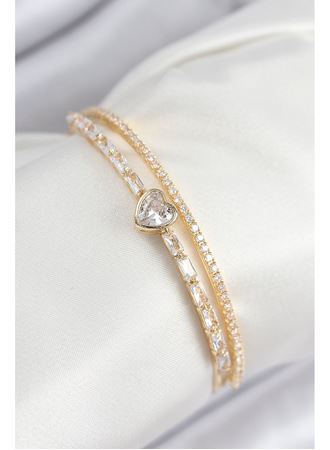 Pirinç Zirkon Taşlı Kalp Model Gold Renk Kadın Bileklik
