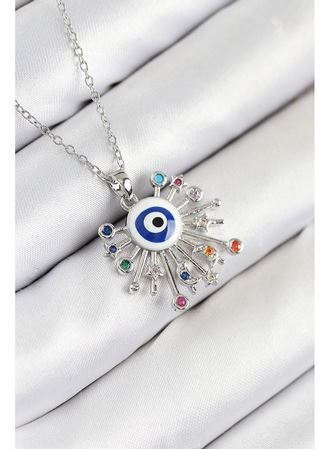 316L Çelik Zirkon Taşlı Nazar Model Gümüş Renk Kadın Kolye