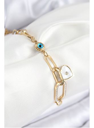 316L Çelik Nazar Boncuğu Ve Zirkon Taşlı Kalp Model Gold Renk Kadın Bileklik