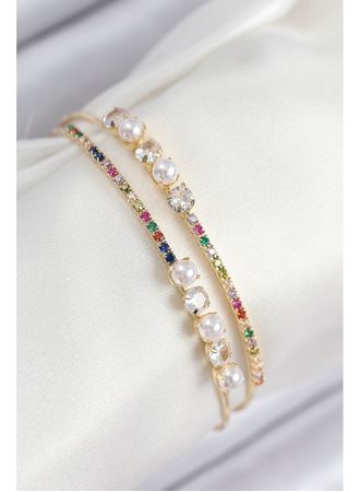 Pirinç Zirkon Taşlı İnci Model Gold Renk Kadın Bileklik