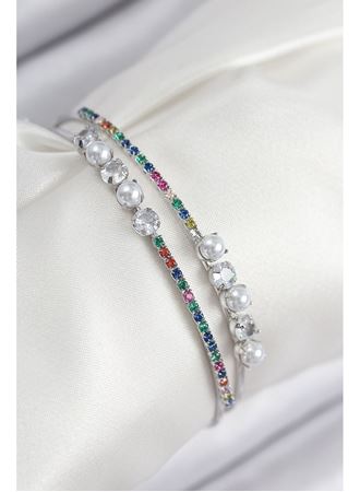 Pirinç Zirkon Taşlı İnci Model Gümüş Renk Kadın Bileklik