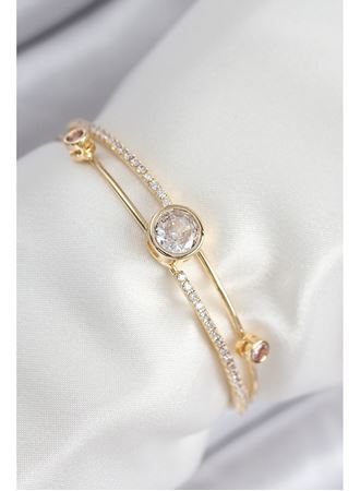 Pirinç Zirkon Taşlı Pırlanta Model Gold Renk Kadın Bileklik