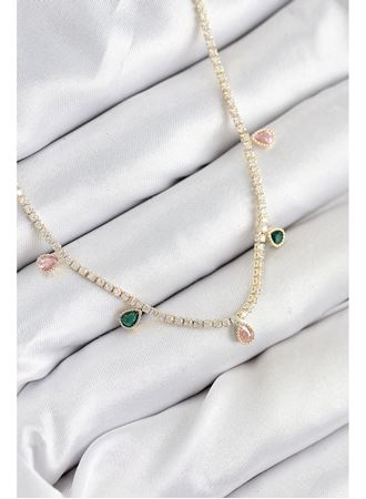 Pirinç Zirkon Taşlı Su Yolu Damla Model Gold Renk Kadın Kolye