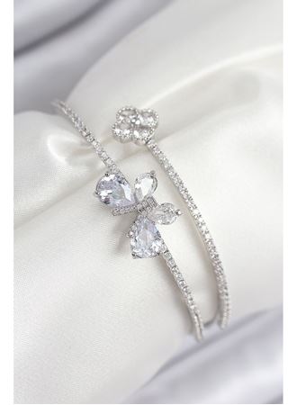 Pirinç Zirkon Taşlı Kelebek Ve Yonca Model Gümüş Renk Kadın Bileklik