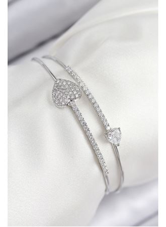 Pirinç Zirkon Taşlı Kalp Model Gümüş Renk Kadın Bileklik