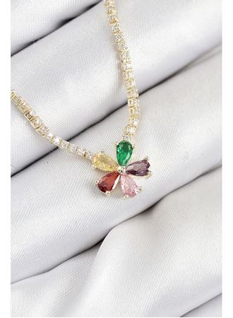 Pirinç Zirkon Taşlı Su Yolu Asorti Çiçek Model Gold Renk Kadın Kolye