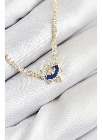 Pirinç Zirkon Taşlı Su Yolu Göz Model Gold Renk Kadın Kolye