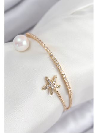 Pirinç Zirkon Taşlı Yıldız Ve İnci Model Gold Renk Kadın Bileklik