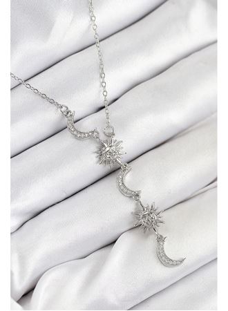 316L Çelik Zirkon Taşlı Güneş Ve Ay Model Gümüş Renk Kadın Kolye