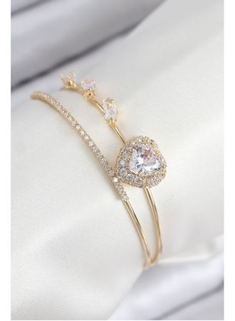 Pirinç Zirkon Taşlı Kalp Model Gold Renk Kadın Bileklik