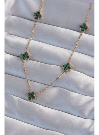 316L Çelik Gold Renk Minimal Yeşil Mineli Yonca Kolye