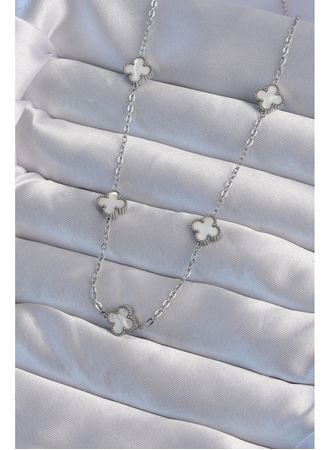 316L Çelik Gümüş Renk Minimal Beyaz Sedefli Yonca Kolye