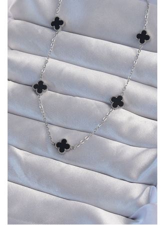 316L Çelik Gümüş Renk Minimal Siyah Mineli Yonca Kolye