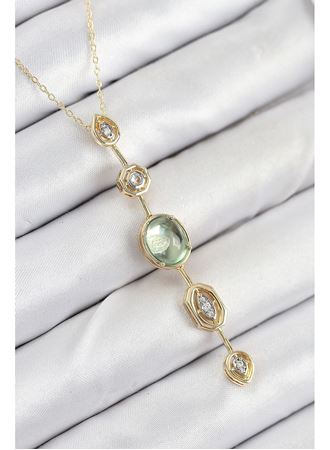 Pirinç Zincir Yeşil Gold Renk Zirkon Taşlı Y Kolye